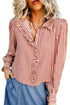 Striped Textured Ruffle Trim Button Up Long Sleeve Shirt