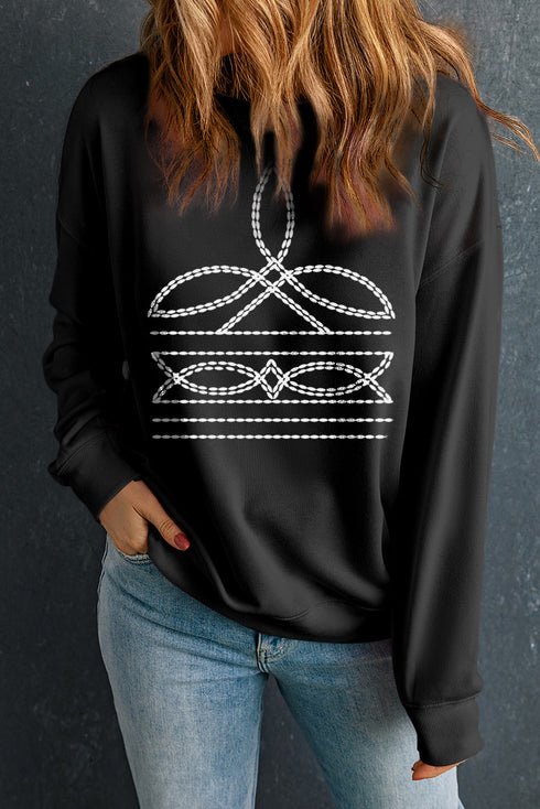 Abstract Linear Graphic Print Relaxed Crewneck Sweatshirt