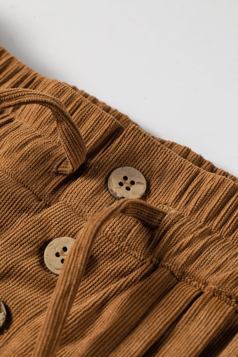 Elastic Waist Wooden Button Placket Ankle Length Wide Leg Pants