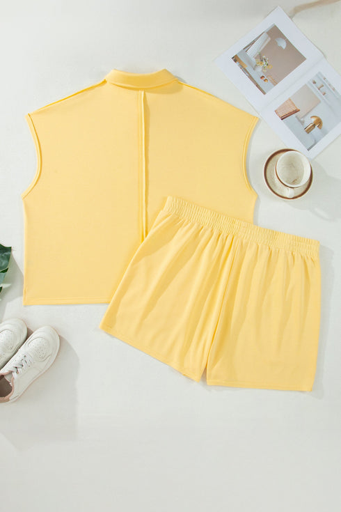 Solid Polo Collar Tee Elastic Waist Shorts Loungewear Set