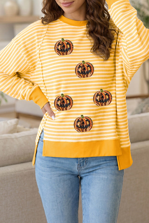 Sequin Pumpkin Face Stripe Split Side Long Sleeve Tee