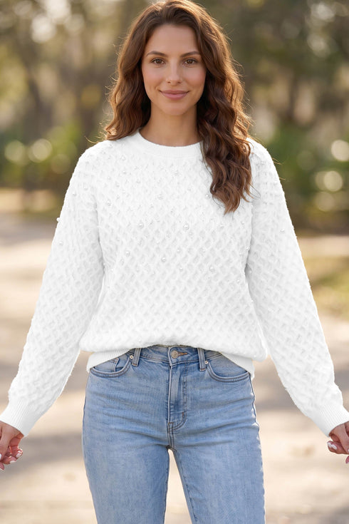 Viscose Textured Knit Pearl Embellished Pullover Sweater