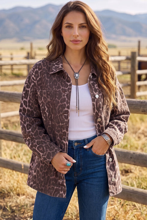 Leopard Print Oversized Patch Pocket Long Sleeve Denim Jacket