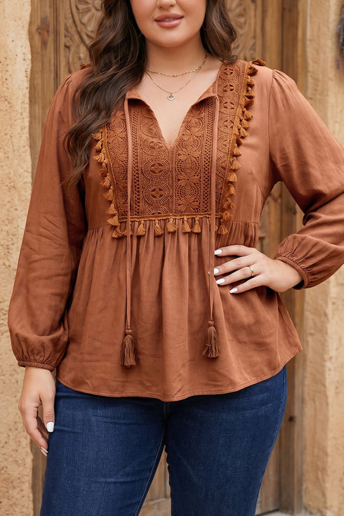 Boho V Neck Embroidered Tassel Long Sleeve Blouse