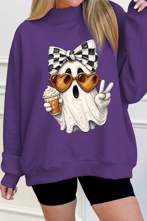 Cute Ghost Print Pullover Mock Neck Sweatshirt