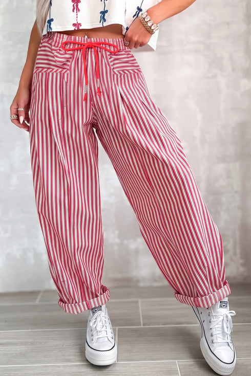 Striped Pattern Drawstring Detail Loose Fit Pants