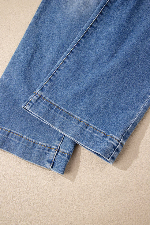 Double Button Zip Fly Wide Straight Leg Jeans
