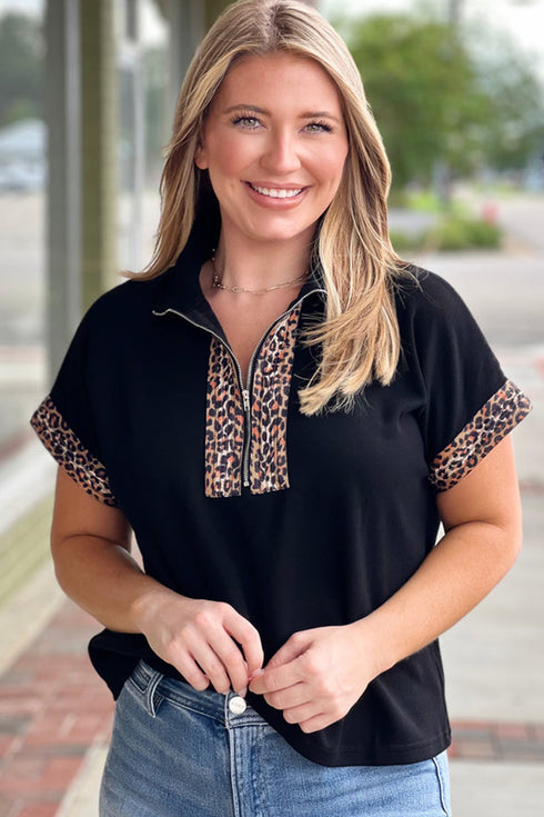 Leopard Print Patchwork Western Half Zip Short Sleeve Top