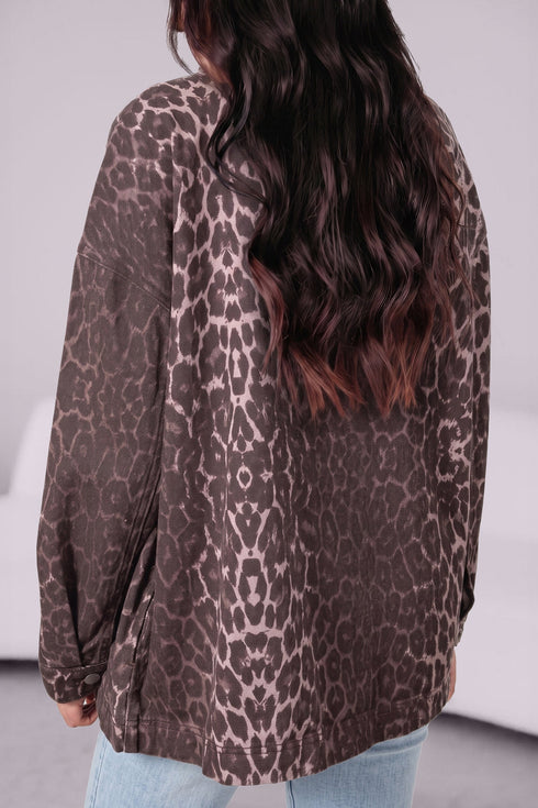 Leopard Print Oversized Patch Pocket Long Sleeve Denim Jacket