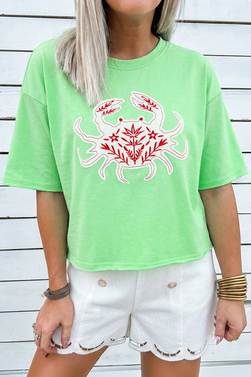 Crab Embroidered Patch Loose Fit Round Neck Tee