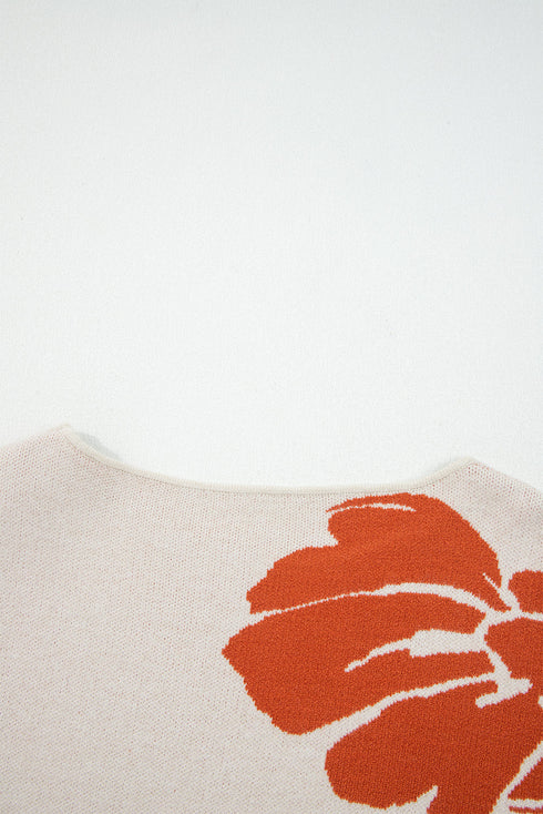 Abstract Botanical Print Boat Neck Knit Pullover Sweater