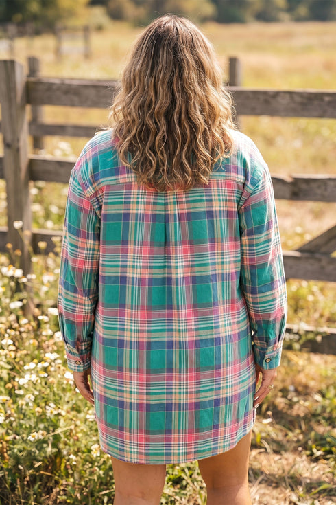 Plaid Button Up Shift Long Sleeve V Neck Mini Dress