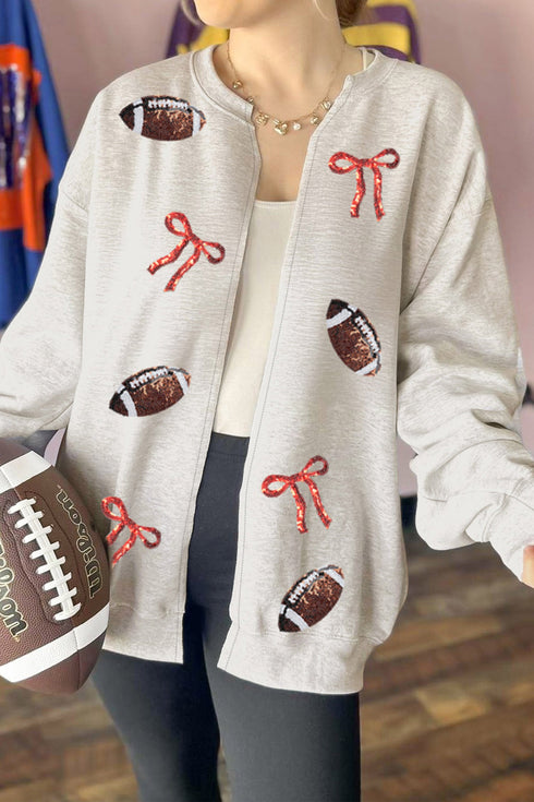 Sequin Bow Rugby Pattern Hoodless Graphic Sweatshirt