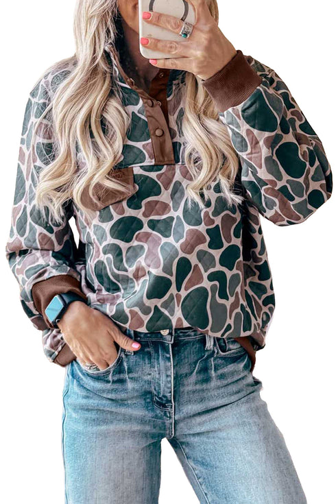 Retro Camouflage Pattern Button Detail Pullover Sweatshirt