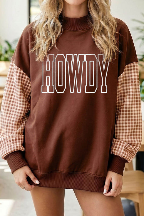 Howdy Embroidered Plaid Sleeve Mock Neck Sweatshirt