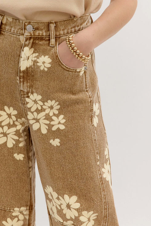 Floral Print Metal Button Pleated Straight Leg Jeans