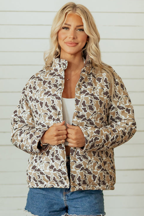 Camouflage Quilted Metal Button Collared Puffer Coat