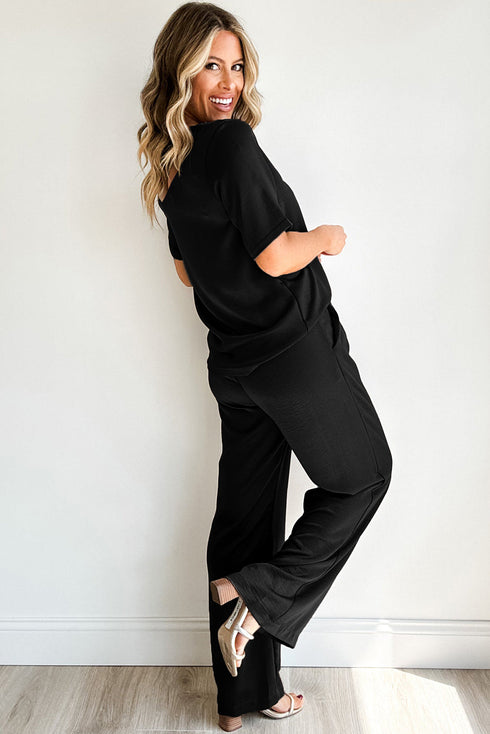 Casual Solid T Shirt Wide Leg Pant Set