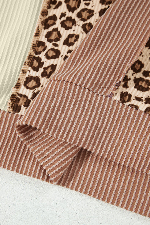 Leopard Print Ribbed Knit Corded Long Sleeve Top