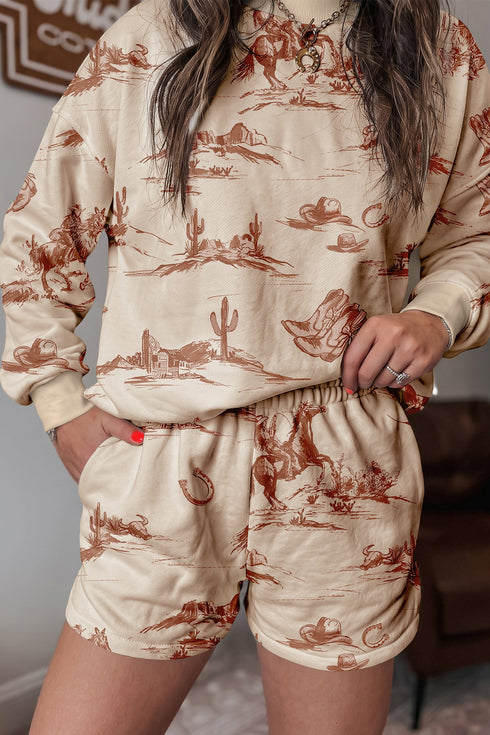Western Print Loose Fit Long Sleeve Top Short Set