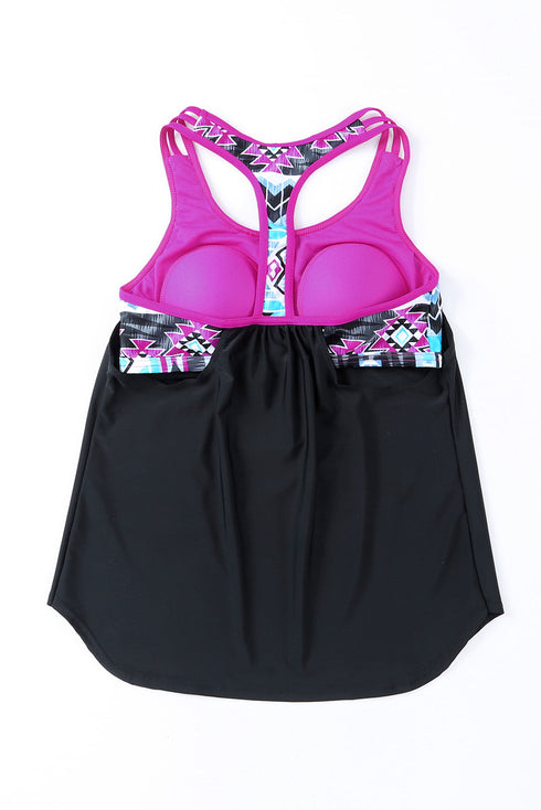 Geometric Accent Strap Scoop Neck Swim Tankini Top