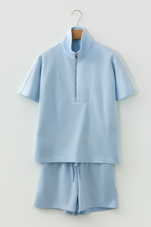 Active Half Zip Loose Short Sleeve Sweatshirt Short Sets