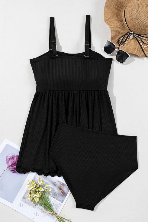 Ribbed Textured Scalloped Trim Swim Dress Swimwear