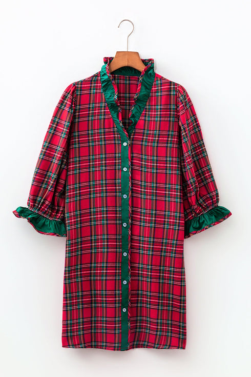 Plaid Ruffle Cuff Button Front Pocket Mini Dress