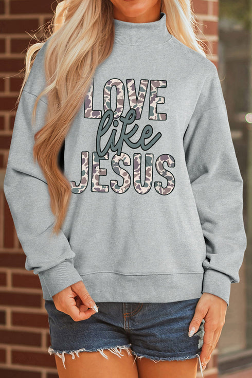 Camouflage Letter Print Faith Inspired Mock Neck Sweatshirt