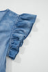 Ruffled Short Sleeve Button V Neck Wide Leg Denim Jumpsuit