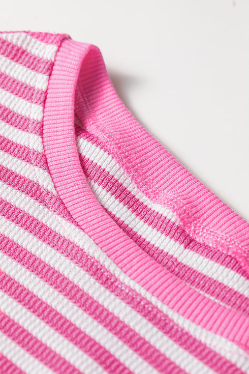 Striped Waffle Knit Split Hem Textured Long Sleeve Top
