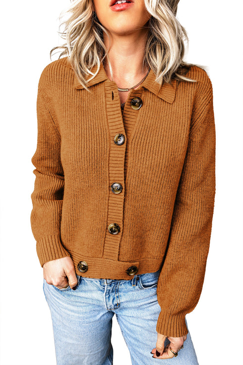 Ribbed Knit Collar Button Front Long Sleeve Cardigan