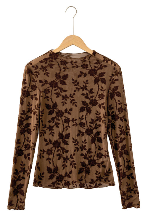 Floral Mesh Long Sleeve Round Neck Sheath Top