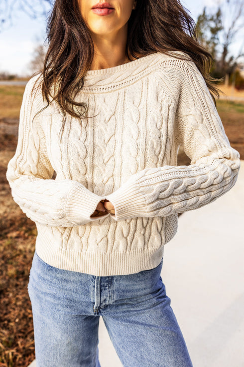 Drop Shoulder Round Neck Cable Knit Sweater