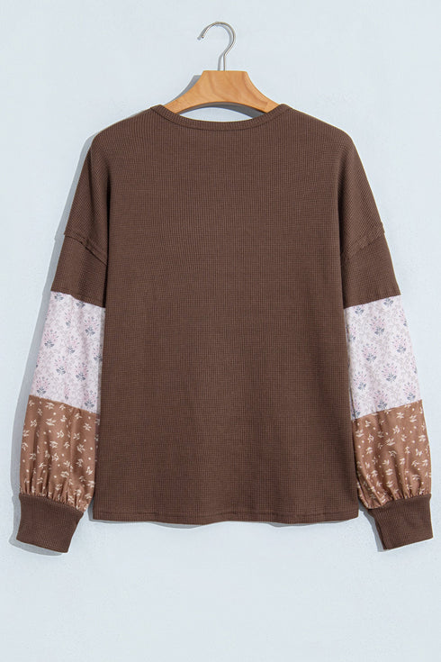 Vintage Floral Waffle Texture Relaxed Pullover Tunic Top