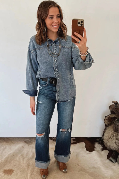 Western Long Sleeve Shirt Collar Tunic Denim Jacket