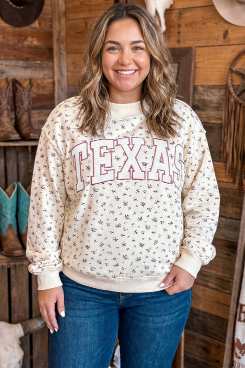 Floral Print Texas Long Sleeve Ribbed Neck Tunic Sweatshirt