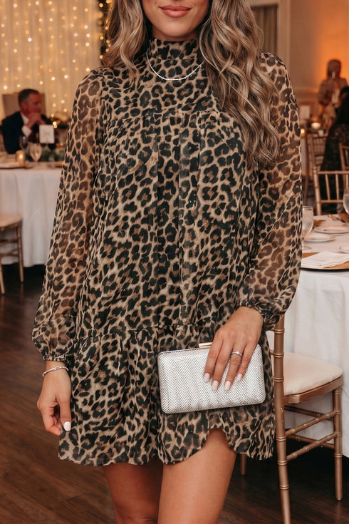 Leopard Print Long Sleeve Shift Mini Dress