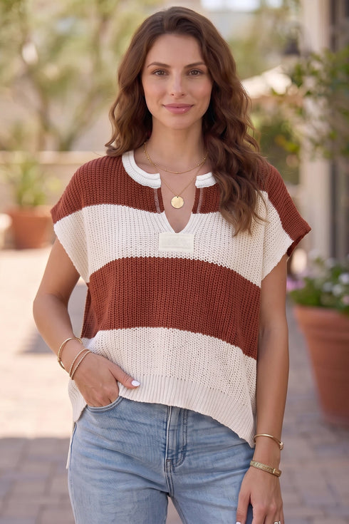 Striped V Neck Loose Knit Short Sleeve Sweater