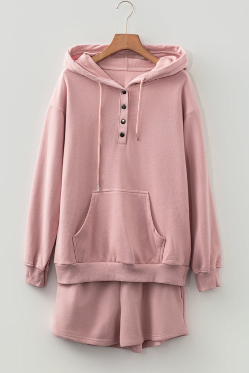 Button Drawstring Hooded Pullover Casual Short Set