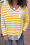 Striped Lace Patchwork V Neck Cotton Long Sleeve Top
