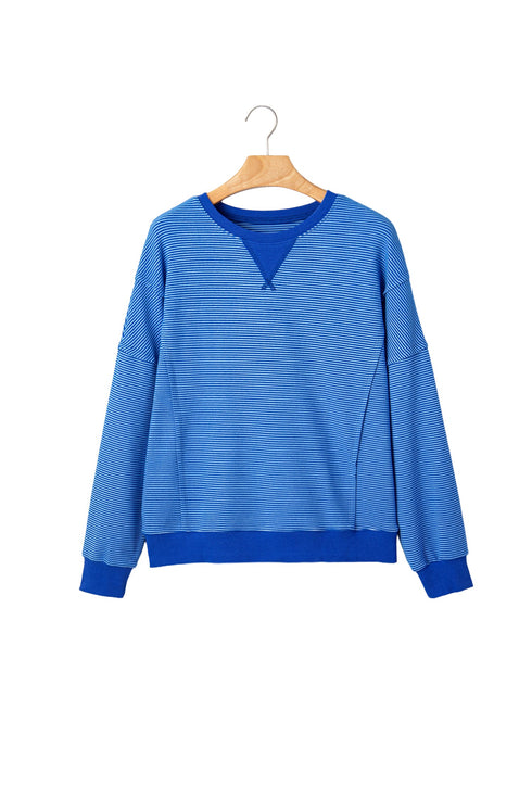 Striped Ribbed Cuff Hem Seam Long Sleeve Pullover Top