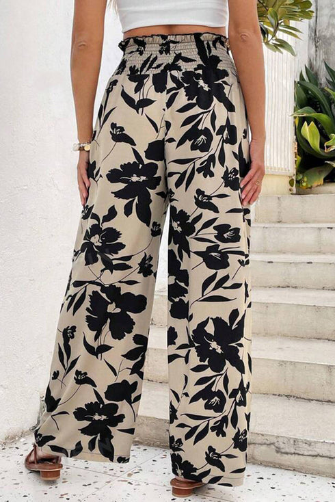 Bohemian Floral Print Smocked High Waist Wide Leg Pants