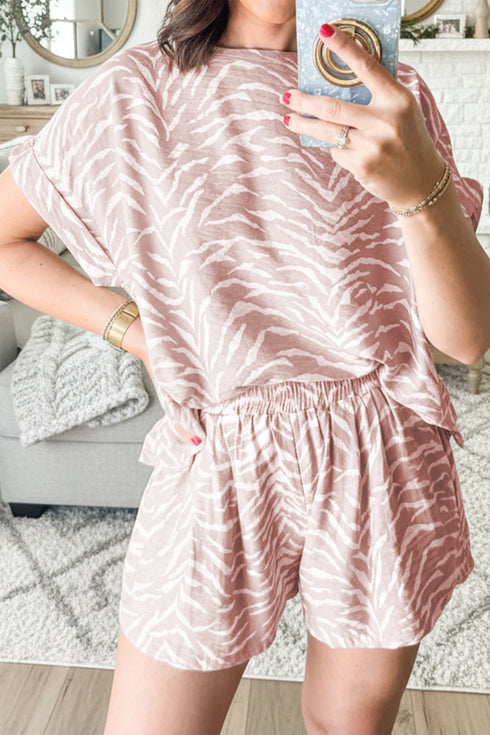 Abstract Print Cuffed Short Sleeve Loose Short Sets