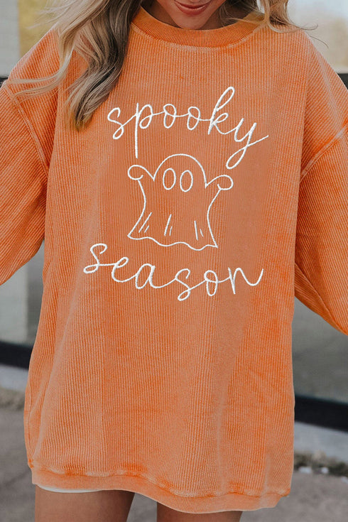 Spooky Embroidered Letter Graphic Corded Texture Sweatshirt