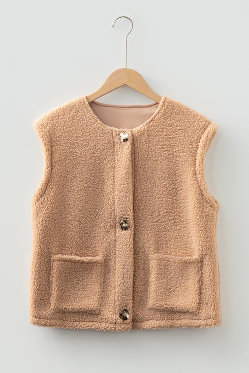Modern Solid Fuzzy Big Button Accent Pocket Vest