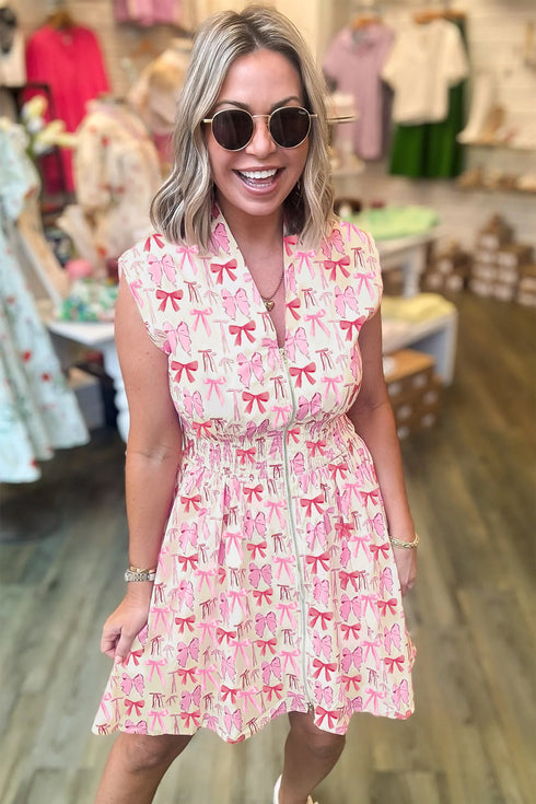 Sleeveless Full Zip Smocked Bow Cinched Waist Mini Dress