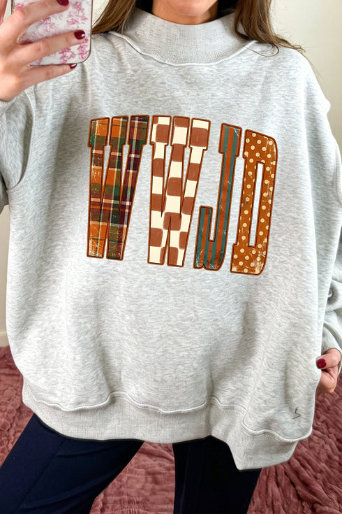Polyester Wwjd Graphic Mock Neck Oversized Sweatshirt