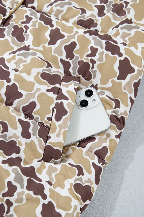 Camouflage Quilted Metal Button Collared Puffer Coat