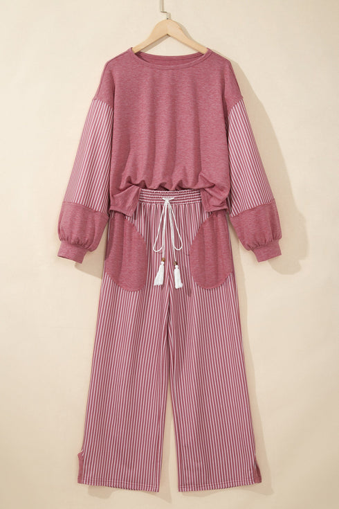 Raw Seam Patchwork Long Sleeve Top Pocket Two Piece Pant Set